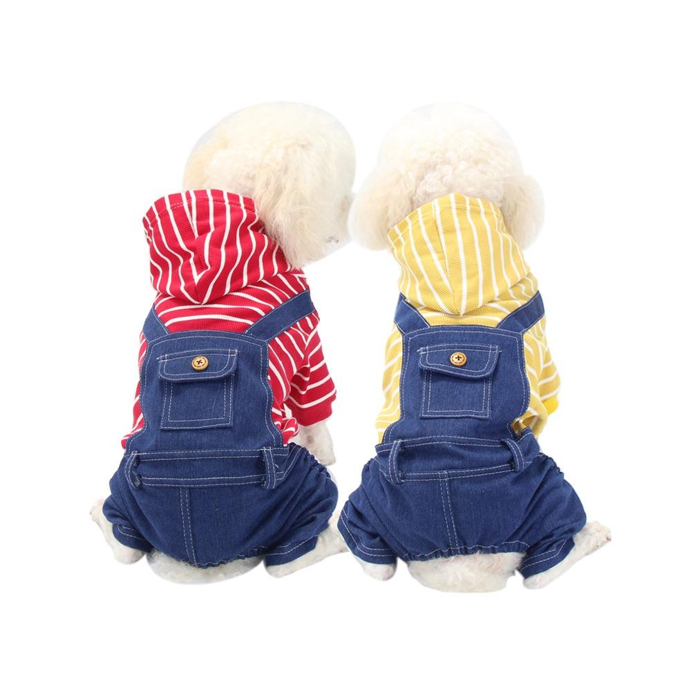 College-Stil Herbst- und Winter-Haustierkleidung gestreiftes Denim Hunde-Vierbeiner Teddy Corgi Träger-Einteiler