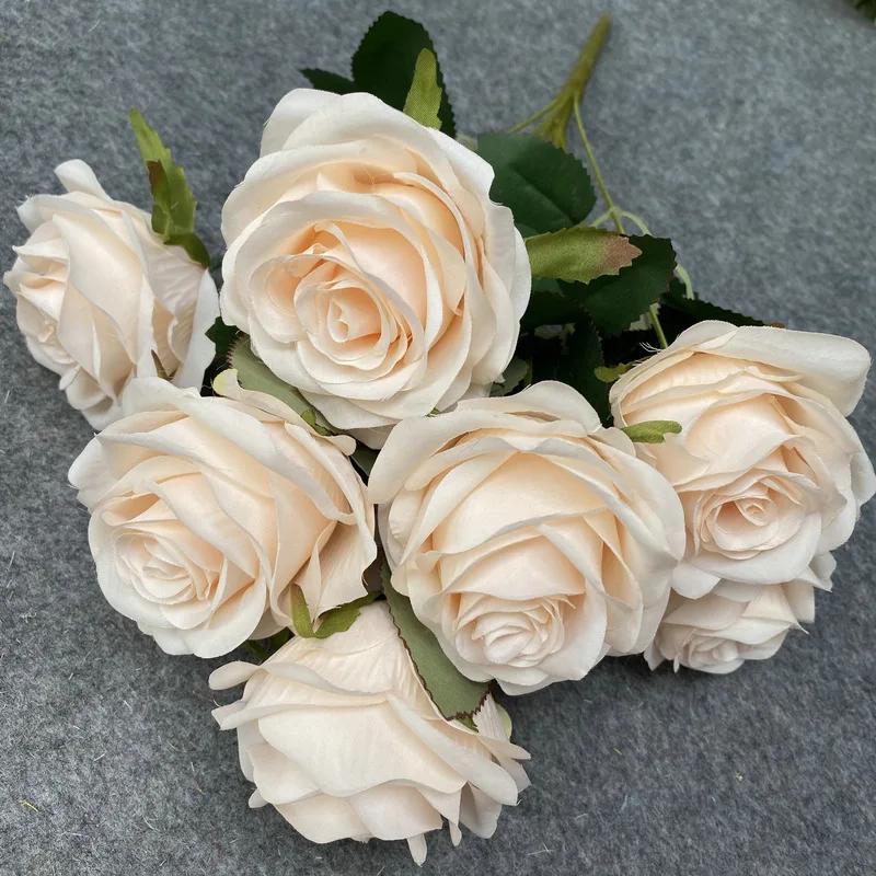 

9Head Artificial Pink Rose Bouquet Flower Wedding Bridal Photography Props Home Garden Decoration Simulation Silk Rose Bouquet