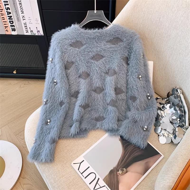 Autumn Winter Women Sweet V-neck Soft Furry Mohair Beading Knitted Sweater Christmas Short Pullover Tops