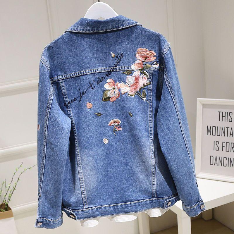 Women's Denim Jacket Spring and Autumn Casual Versatile Embroidered Retro Mid-length Top