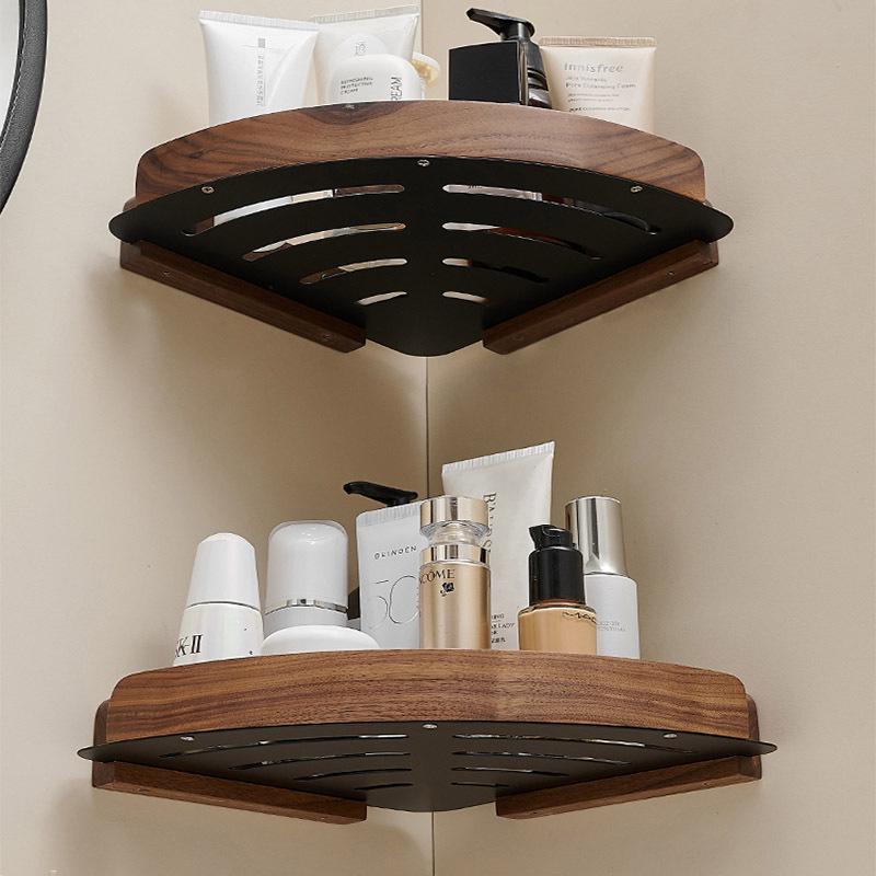 Solid Wood Corner Bathroom Shelf - No-Drill Triangle Storage for Washbasin & Shower Gel