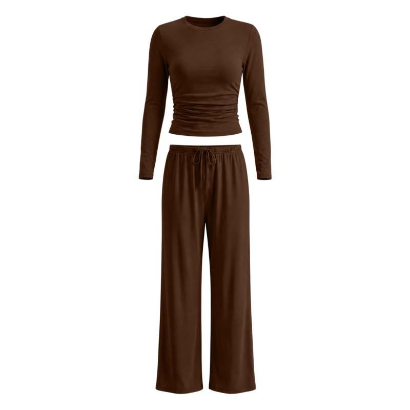 Womens Solid Color Casual Long Sleeve Top Pants Set Streetwear