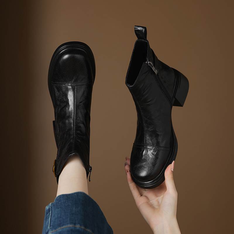 Krazing Pot Sheepskin Round Toe Thick Heels Chelsea Boots Size 42 High Quality Women Keep Warm Metal Buckle Ankle Boots