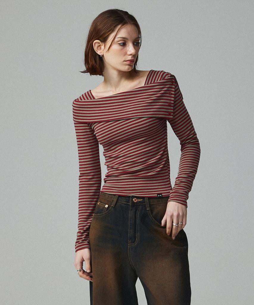 KITTY POTTERY Striped Off-Shoulder Long Sleeve T-Shirt Ivory