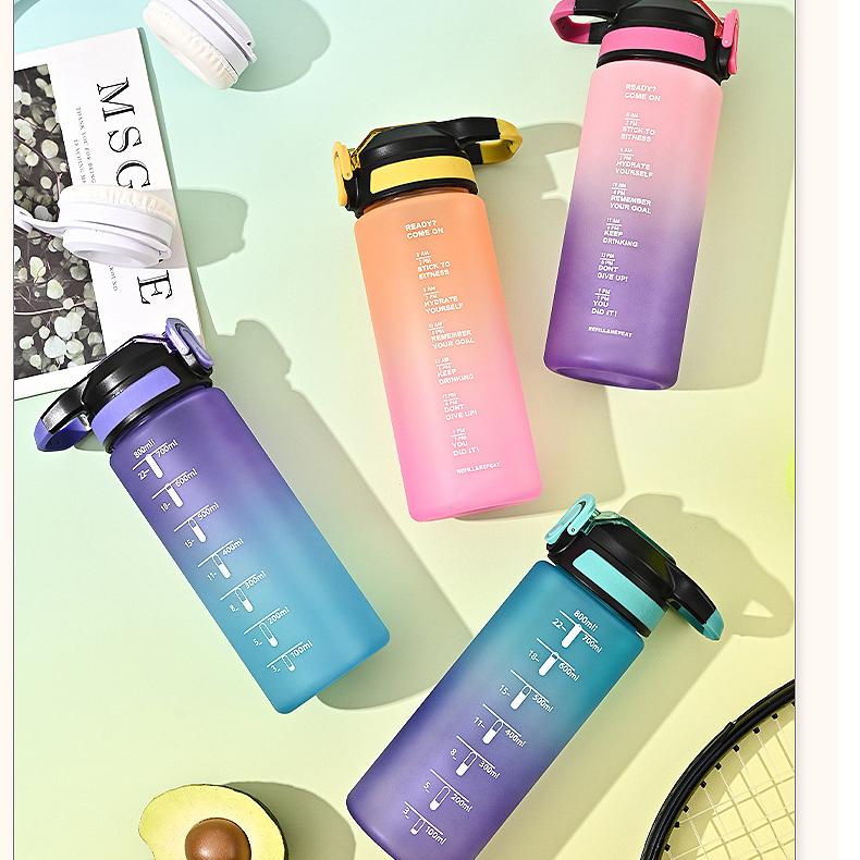 1000ml Gradient Matte Sports Water Bottle, Flip Straw Cup with Time Marker, Large Portable Plastic Jug for Fitness & Outdoor
