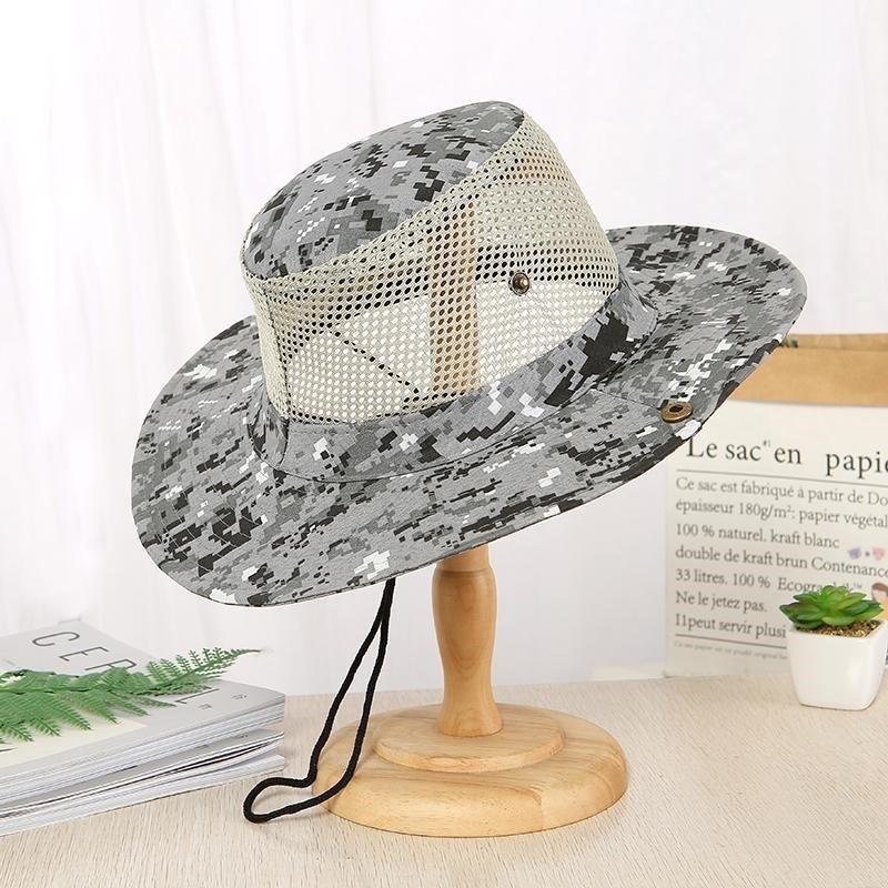 Men's Camo Mesh Sun Hat Wide Brim Breathable Bucket Hat UV Protection Outdoor Fishing Cap