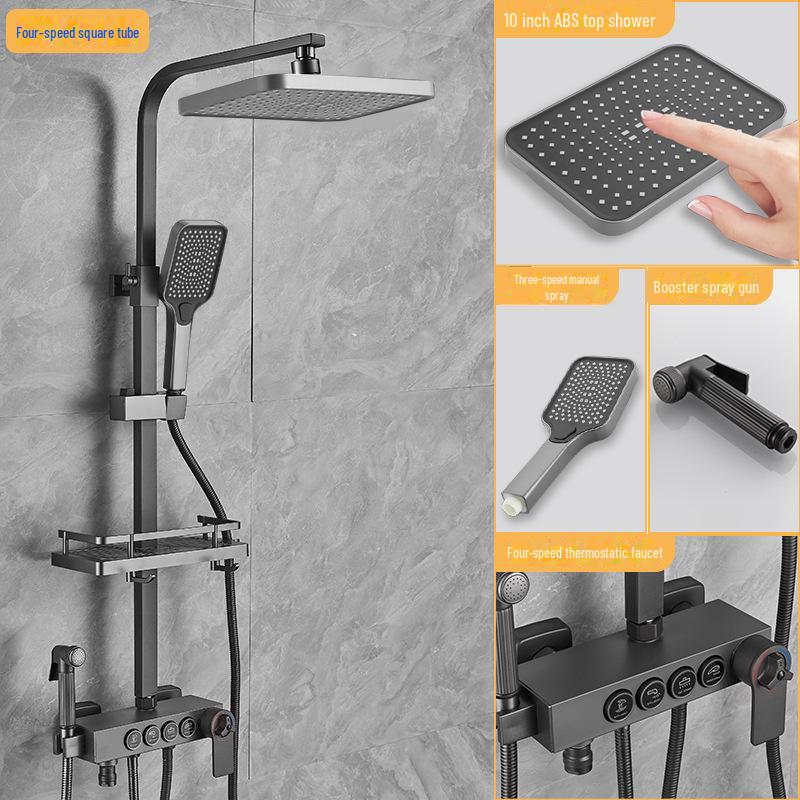 

Термостатический душевой гарнитур из нержавеющей стали серого цвета с тропическим душем и функцией усилителя