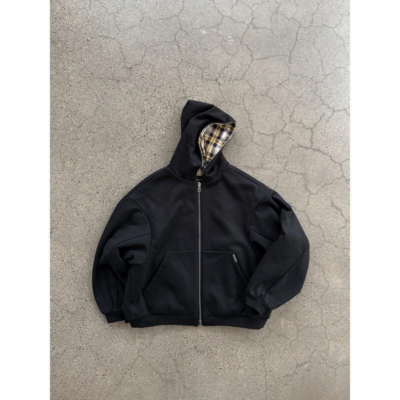 Unisex Oversized Hooded Zip-Up Sweatshirt Vintage Yellow Plaid Reversible Streetwear Jacket Fall Winter