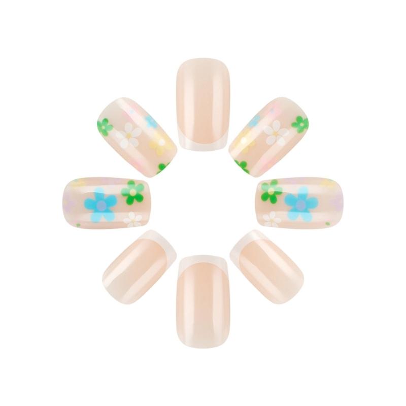 24 ks krátkých čtvercových nalepovacích nehtů s květinami, plné krytí, umělé nehty s francouzským tipem, lisovací nehty, manikúrní potřeby pro ženy