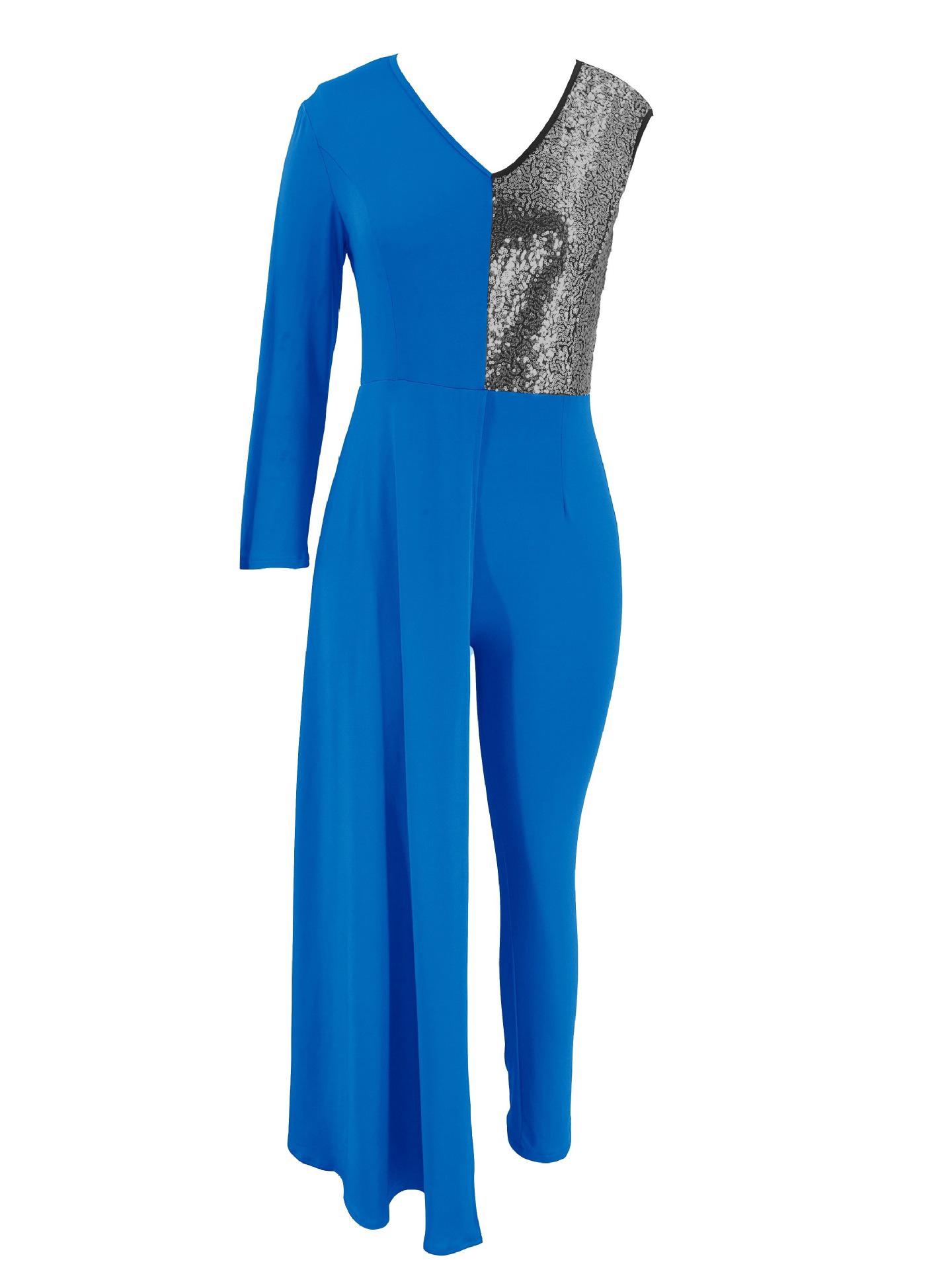 

Женский вечерний комбинезон с пайетками и лоскутным узором на одно плечо Medium синий