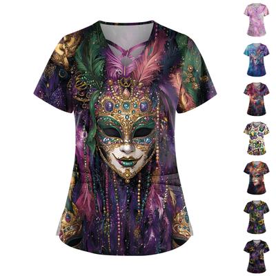 Women's Short Sleeve Stagger V Neck Print Pocket Dry- Top
