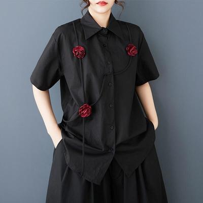 Kurzärmelige übergroße Baumwoll-Vintage-Blumenhemden & Blusen für Bluse Lässige lockere Sommeroberteile Damen Button-Up-Hemd