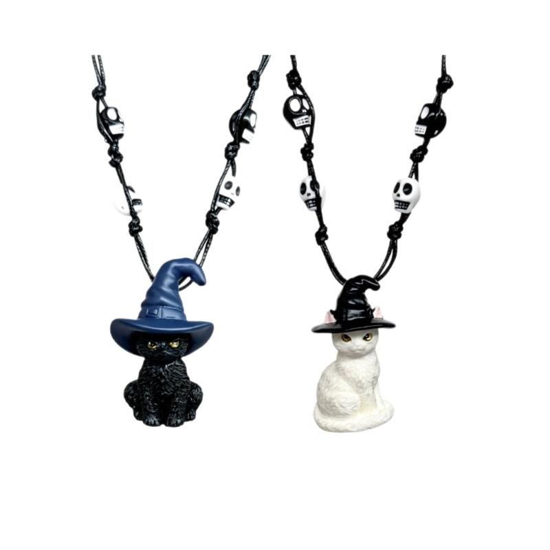 Feline Pendant Necklace with Witch Hat Charm, Lightweight Wax Cord Jewelry for Daily Wear, Party Looks, and Gift Giving