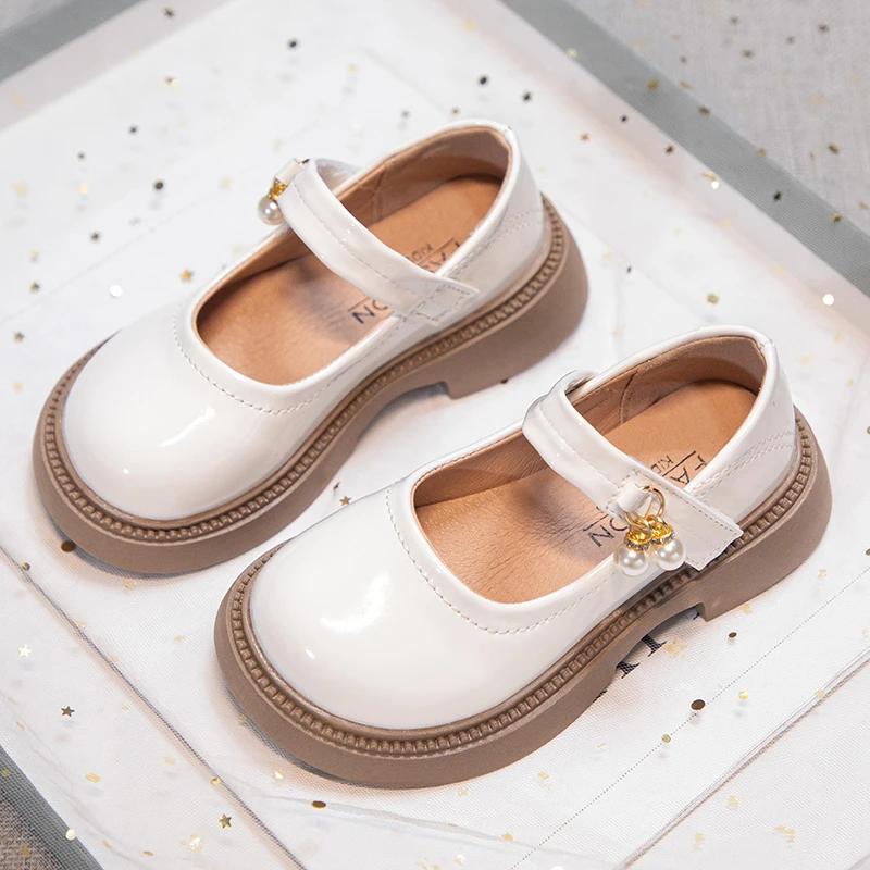 Girls Black Leather Shoes Princess Sweet Flat Mary Janes with Pearl Pendant for Wedding Party Back To School Dress Flats 26-36