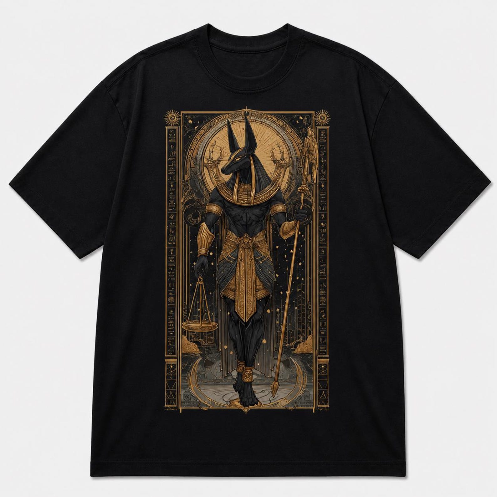 Anubis Egyptian God Gold Graphic T-Shirt, Dark Mythology Streetwear Tee M