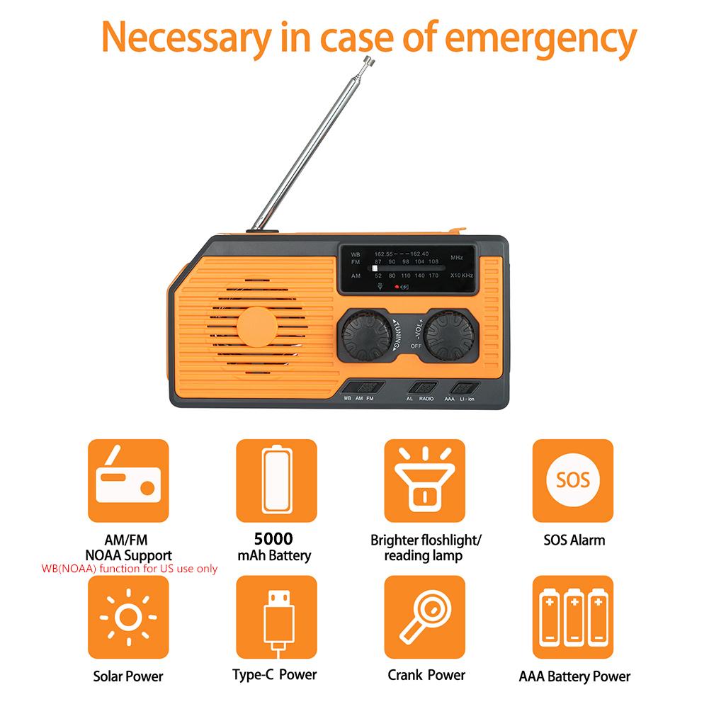 Portable Solar Power Hand Crank Radio AM/FM/WB NOAA Weather LED Flashlight Power Bank for Outdoor Camping Hiking Solar Radio