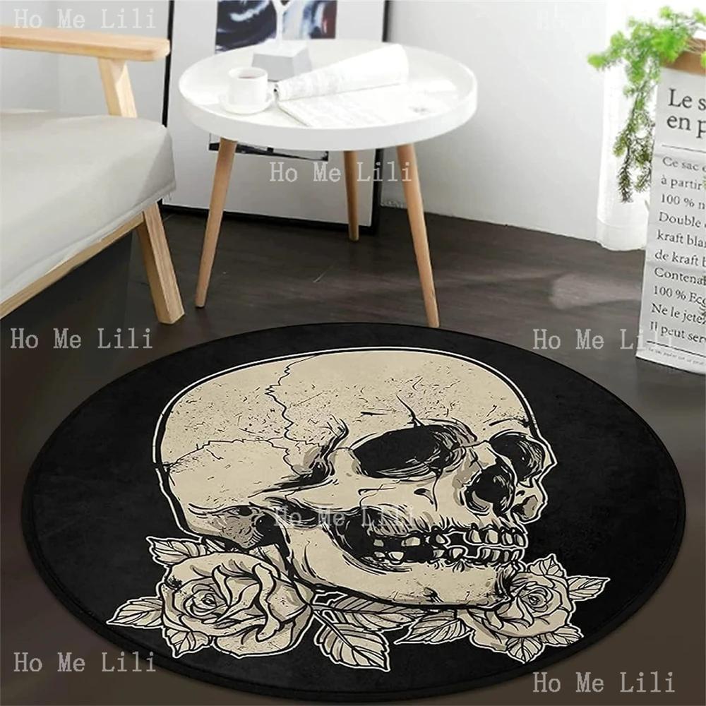 Skull Rose Flower Black Round Flannel Carpet Non-Slip Rug Washable Floor Mats For Kitchen Bedroom Living Room