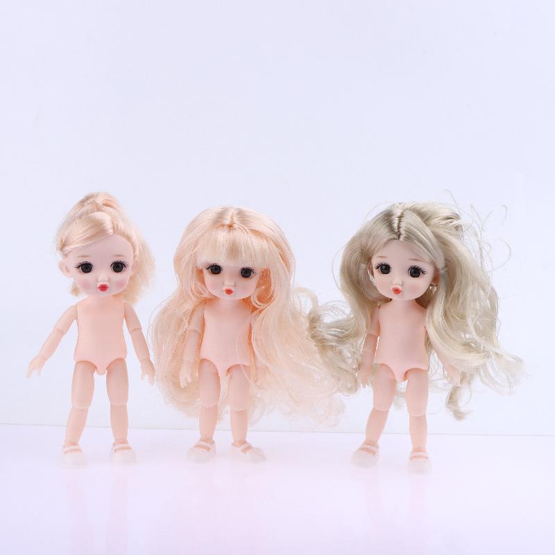 1 Set Nude Doll 3D Simulation Eyes 13 Joint Black Long Hair 1/8 17Cm Doll Plastic Doll Head Toys With Gold Brown Hair Kids Gift