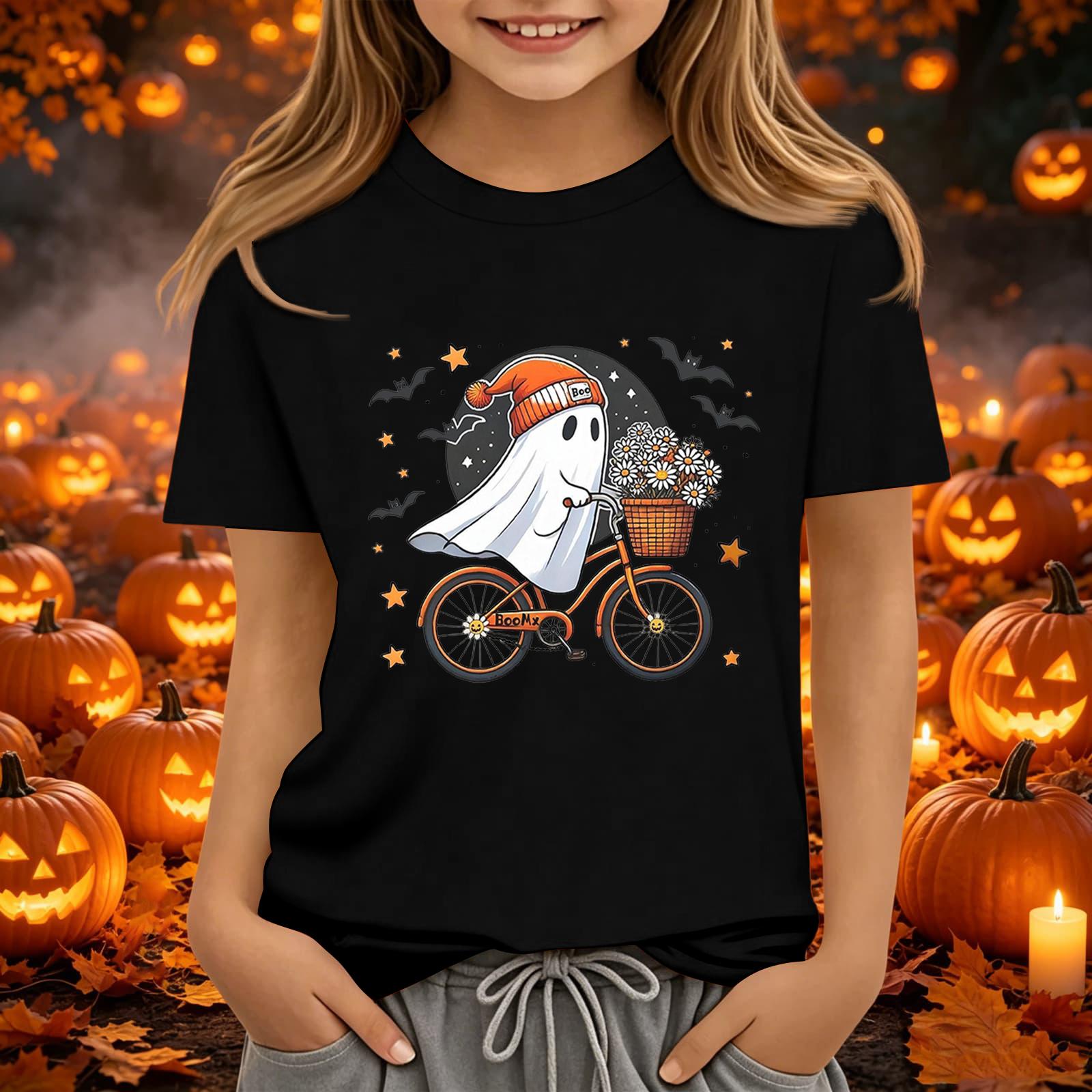Kids Halloween Printed Short Sleeve T-Shirt Neck Relaxed Fit Casual Top for Boys and Girls 110