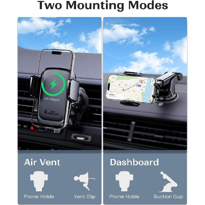 KPON Wireless Charger for Car, Car Phone Holder Charger Mount Qi Certified Auto Clamping 15W Fast Charging for Dashboard Air Vent Windshield Mount