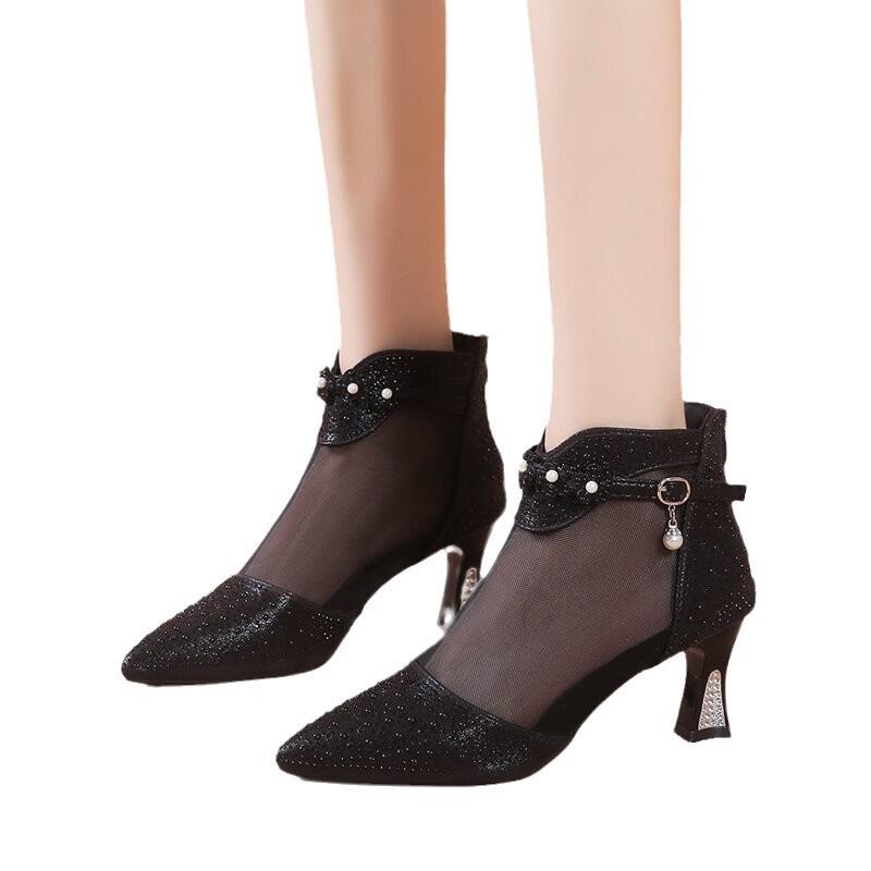 Summer New Fashion Pointed Back Zipper High Heel Fashion Women's Sandals Large Size Rhinestone Breathable Mesh Cool Boots