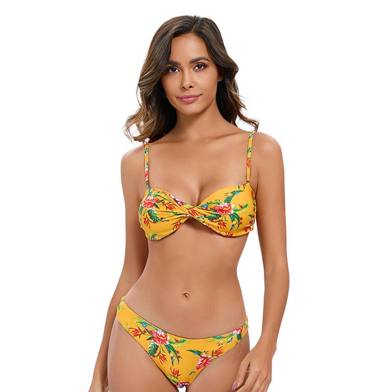 Popular printed strap split swimsuit women s European and American sexy bikini beach swimsuit S жёлтый