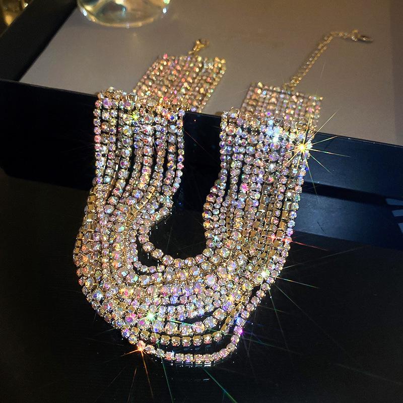 Wykwintny wielowarstwowy kolorowy naszyjnik choker z diamentami - europejska i amerykańska moda high-end