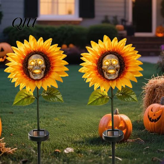 Solar Garden Lights Outdoor Waterproof Stake Light, Gothic Skull And Sunflower Statue Lamp, Halloween Decor LED Landscape for Patio Lawn Yard Pathway
