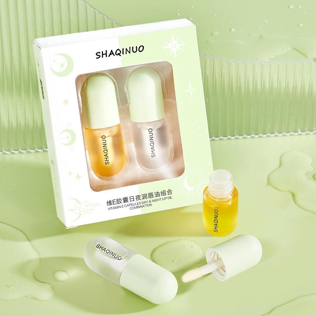 SHAQINUO 2-Pack Lip Oil Set Vitamin E Capsules 1 For Day + 1 For Night Hydrates And Nourishes Dry Lips