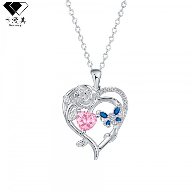 Elegant Heart Butterfly Pendant Necklace Women Minimalist Luxury Copper Chain With Rhinestone Detail Daily Wear Jewelry Heart Butterfly Necklace - Pink