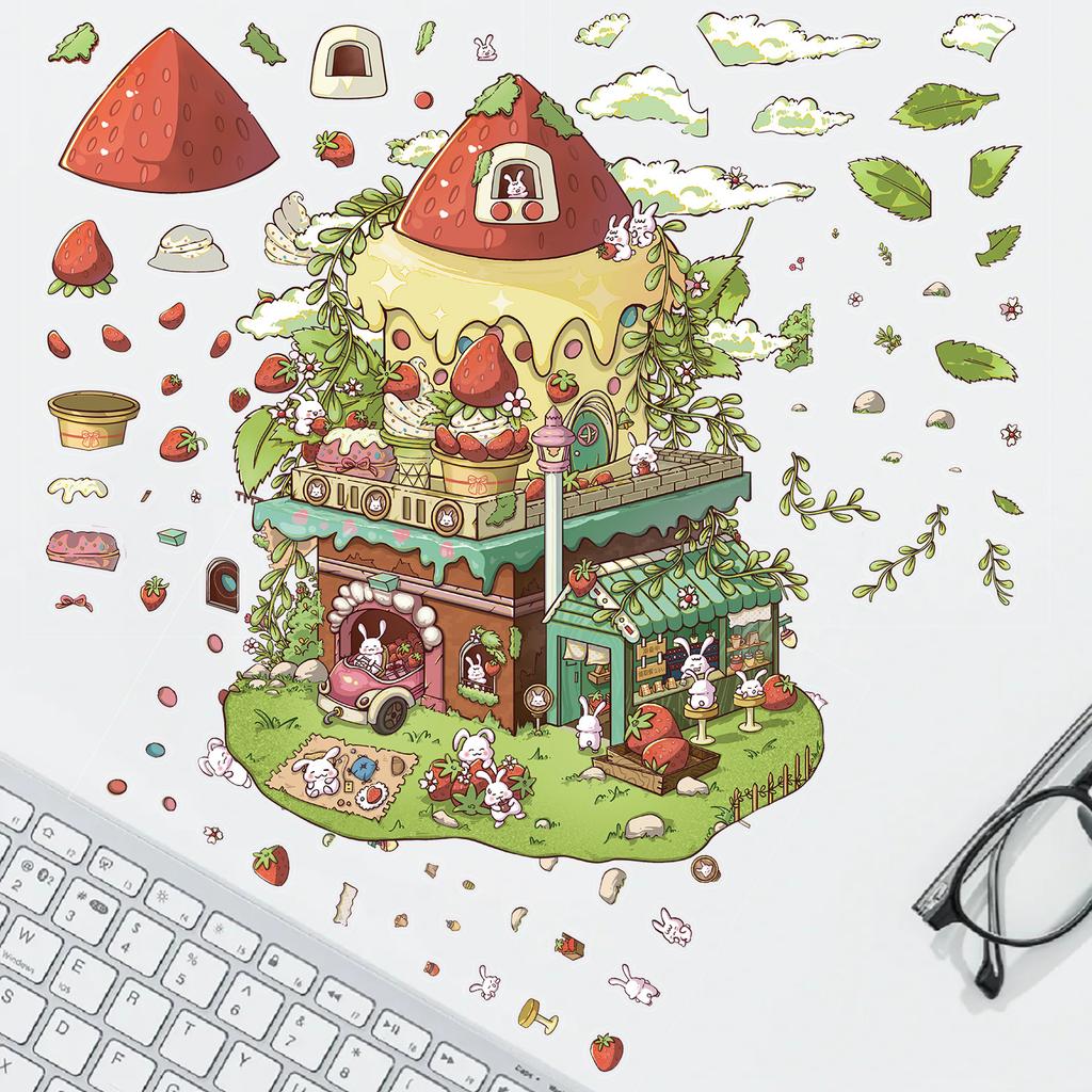 Cartoon Large Strawberry House Landscaping Sticker 3D Miniature World Unzipped DIY Scene Manual