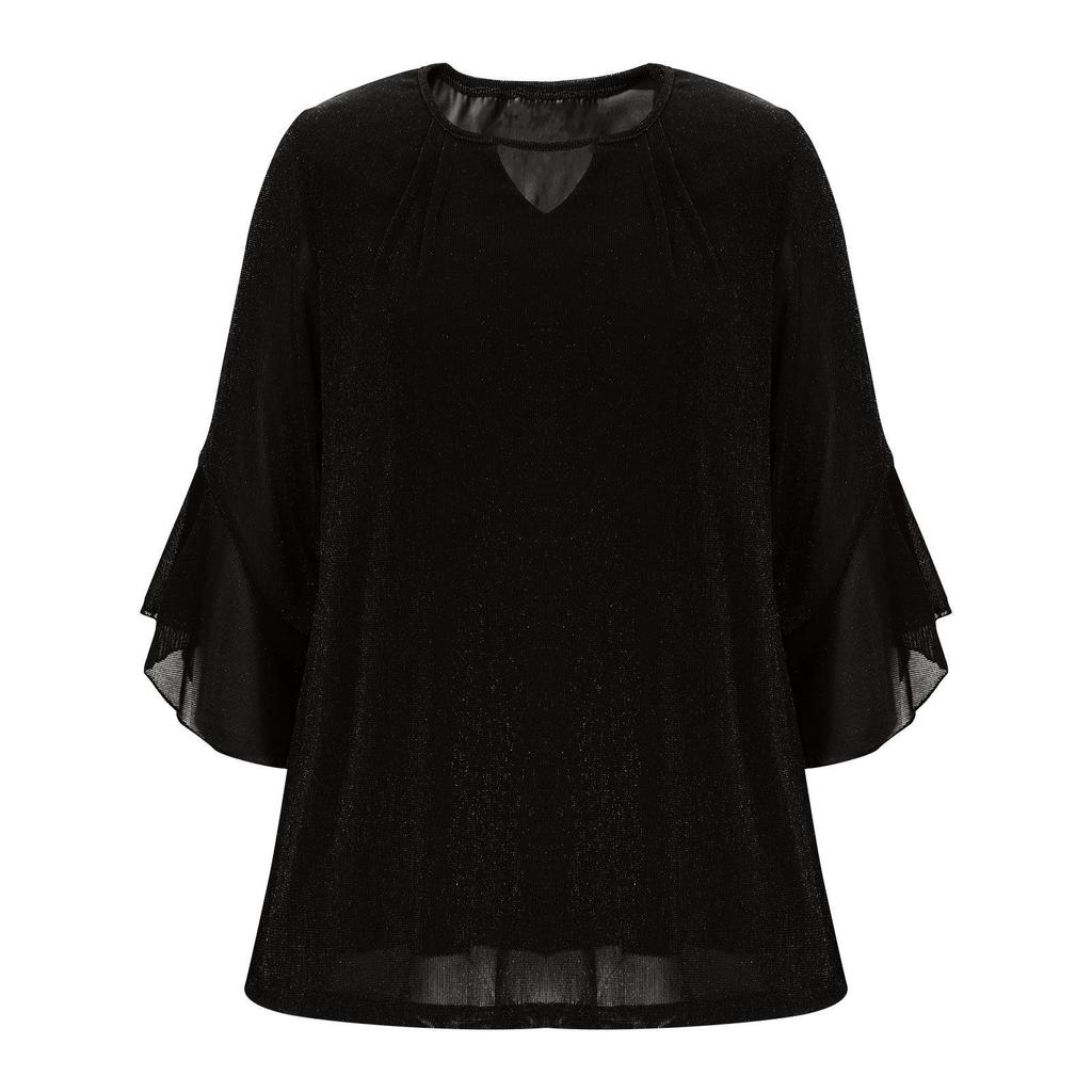 Women's Elegant Ruffled Shiny Stamped Seven-Sleeve Double Layer Mesh Top