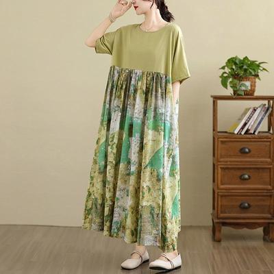 Vestido de verano largo holgado informal de manga corta y talla grande de algodón con estampado floral vintage para mujer