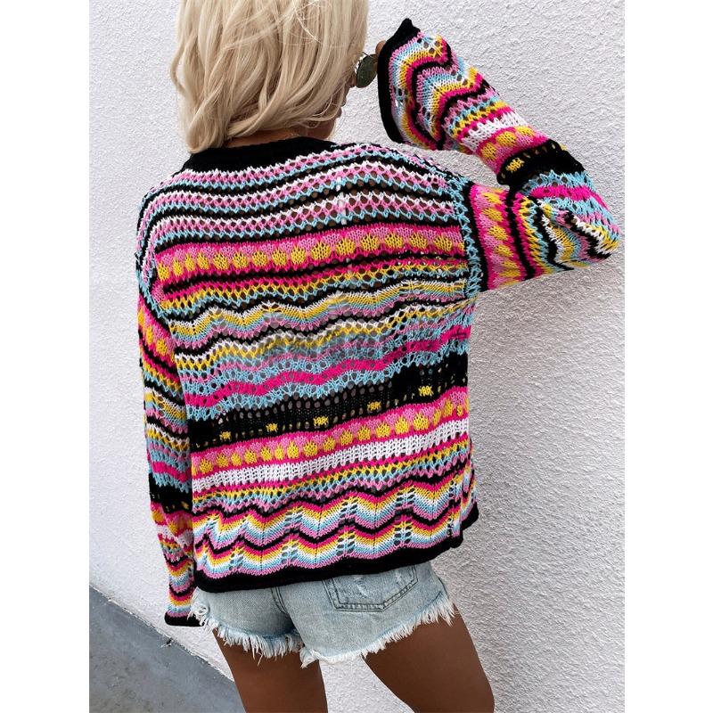 Damrandig tröja lös regnbågsstickad kofta