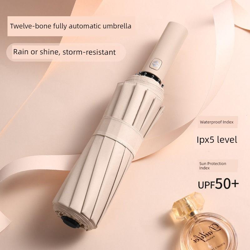 12-Rib Black Rubber Fully Automatic Folding Umbrella for Sun and Rain, Bulk Quantity, 70% off Sunshade Umbrellas with Logo Printing, Gift and