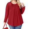 Women's Plus Size Fashion Solid Colour Casual Pleated Round Neck Long Sleeve Top