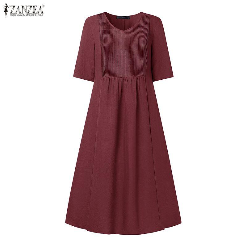 ZANZEA Women Casual Round Neck Summer Half Sleeve Dress