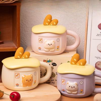 Cheese Bread Bear Water Cup Women's New High Appearance Level Ceramic Mug with Lid Home Drinking Water Gift for Others
