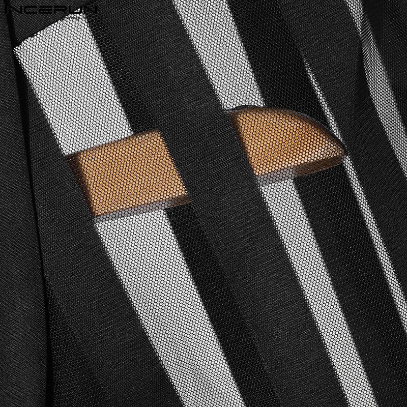INCERUN Men Lapel Neck Sleeveless One Button Striped Mesh Sheer See Through Waistcoats