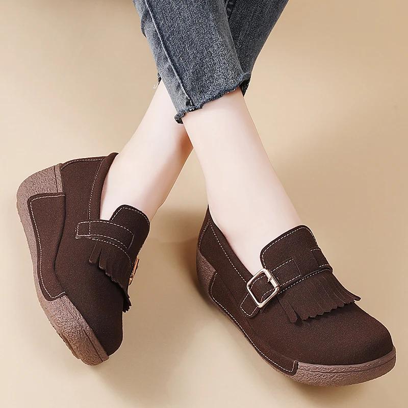 Fashion Thick Bottom Cow Suede Casual Shoes Women Platform Flats Flatform Loafers Sneakers Ladies Non-Slip Slip On Walking Shoes