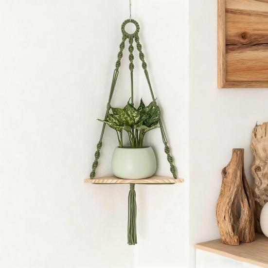 Wall Hanging Corner Shelf Bohemia Handmade Cotton Rope 1/2 Tier Triangle Storage Shelf Farmhouse Rustic Wood Potted Plants Planter Craft Display Rack