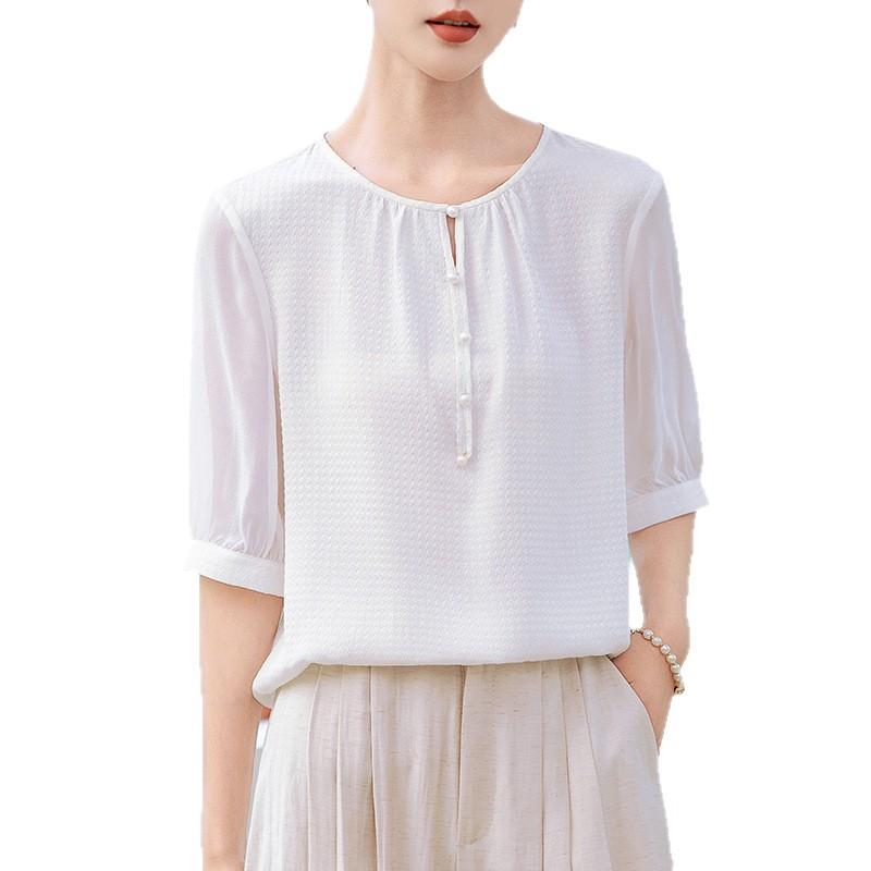 Silk shirt women's  dress new silk shirt temperament round neck age-reducing mulberry silk short-sleeved top