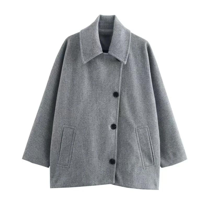 Women's Oblique Button Loose Batwing Sleeve Jacket Coat Lapel Double Pocket Warm Solid Vintage Outerwear Fall Winter Coat