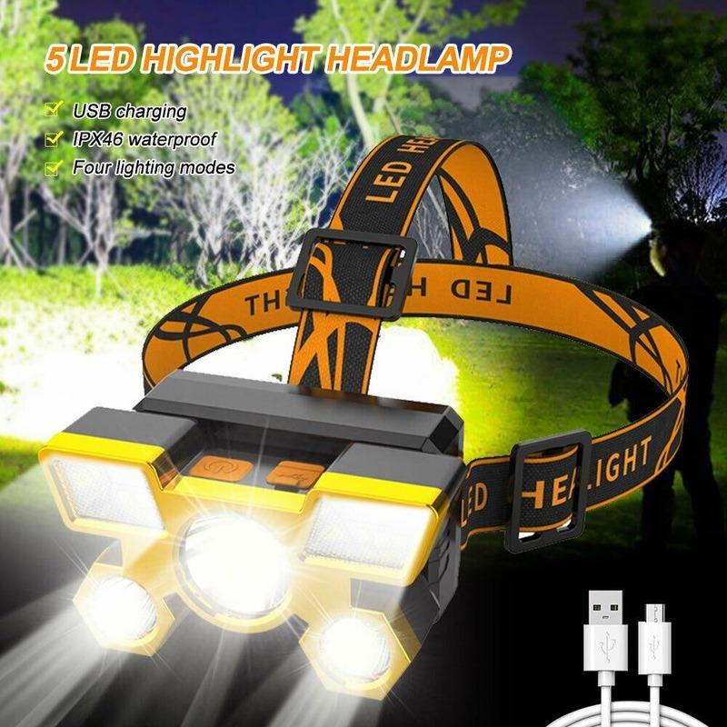 Five Head Lamp Strong Light Rechargeable Fishing Lamp Long Beam Super Bright Head Mounted LED Miner's Lamp Flashlight