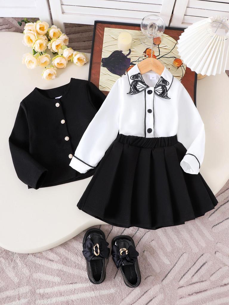 European & American Children's Clothing Set: Black Coat, White Shirt & Skirt for Girls