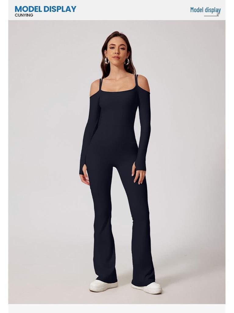 European & American Off-Shoulder Backless Jumpsuit with Double Shoulder Straps, Long Sleeves & Flared Pants