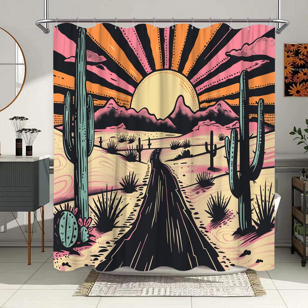 Jessica Chen [Retro Shower Curtain] 1Pc Retro Desert Sunset Shower Curtain - Polyester Bathroom Decor - Western-Themed Art