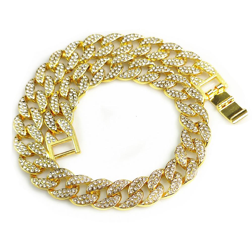 15mm Gold Hundekette Halsband Luxus Diamant Kubanische Gliederkette Kristall Halskette Langlebiges Hundehalsband für Kleine Mittlere Große Hunde Katzen