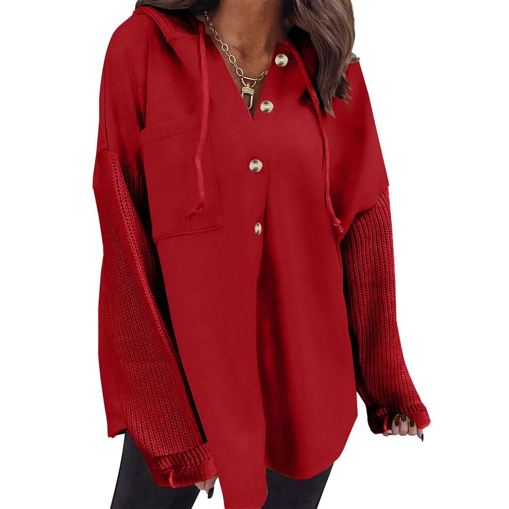 Women's Oversized Casual Long-Sleeve Button-Up Hoodie Knit Patchwork Hoodie With Pockets