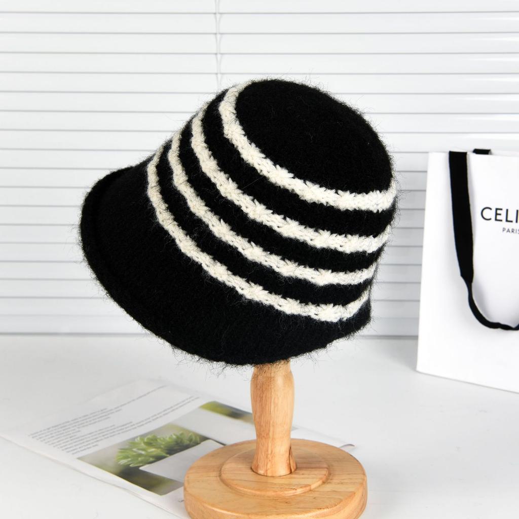 New Fisherman's Hat Hollow Contrast Color Stripe Knitted Sun Hat Spring and Summer Knitted Breathable Basin Hat Women's Korean Bucket Hat